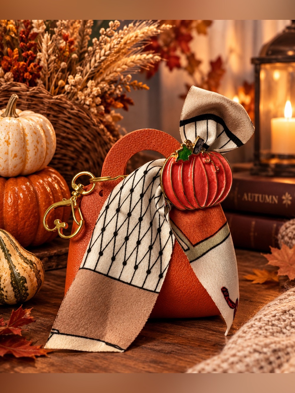 Orange Mini Handbag with Ivory Patterned Scarf and Pumpkin Brooch